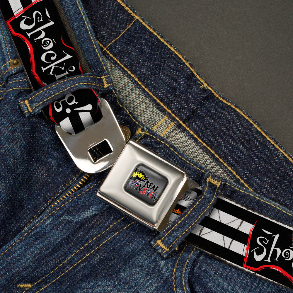 AAAHH!!! REAL MONSTERS Logo Full Color Black Fade Seatbelt Belt - Oblina Poses SHOCKING! Stripe Black/White Webbing