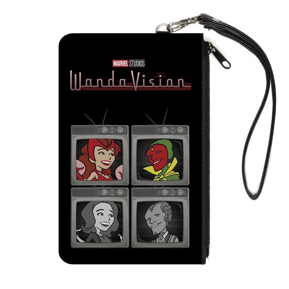 MARVEL WANDAVISION Canvas Zipper Wallet - LARGE - WandaVision Cartoon Scarlet Witch and Vision with Wanda and Vision Television Blocks Black Grays Full Color