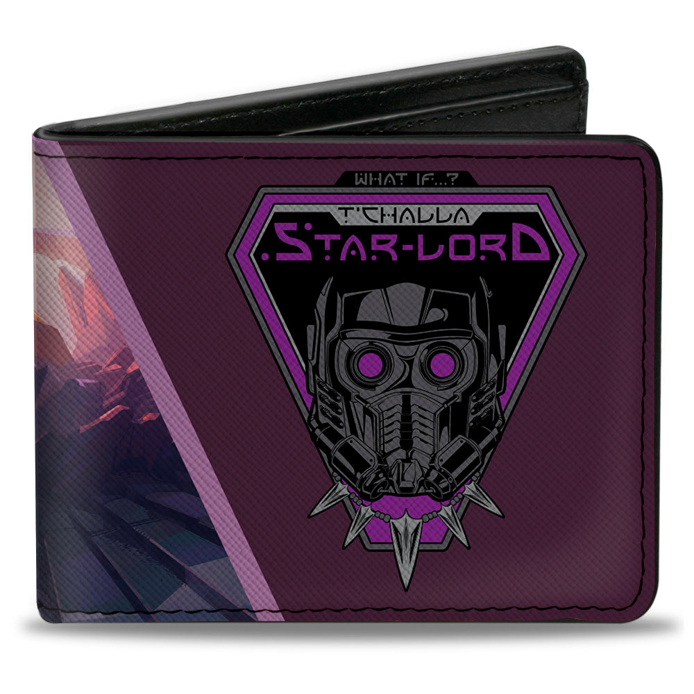 MARVEL STUDIOS WHAT IF? Bi-Fold Wallet - Marvel Studios WHAT IF ? T&#39;CHALLA STAR LORD Logo + Action Pose Purple Multi Color