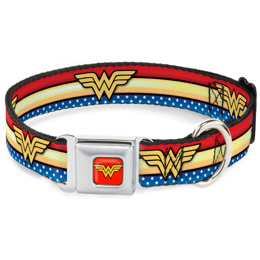 Wonder Woman Logo Full Color Red Seatbelt Buckle Collar - Wonder Woman Logo Stripe/Stars Red/Gold/Blue/White