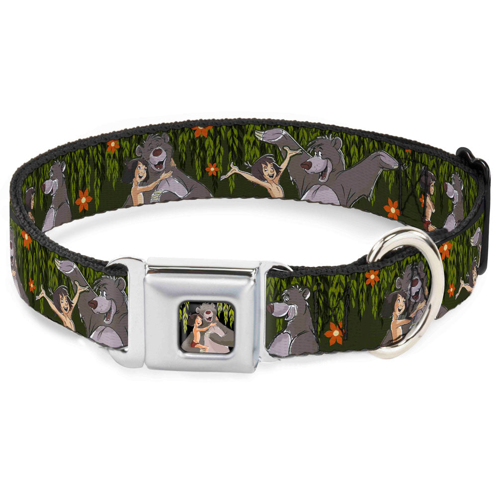 Mowgli &amp; Baloo Hugging/Leaves Full Color Black/Greens Seatbelt Buckle Collar - Mowgli &amp; Baloo 3-Poses Leaves/Flowers Greens/Orange