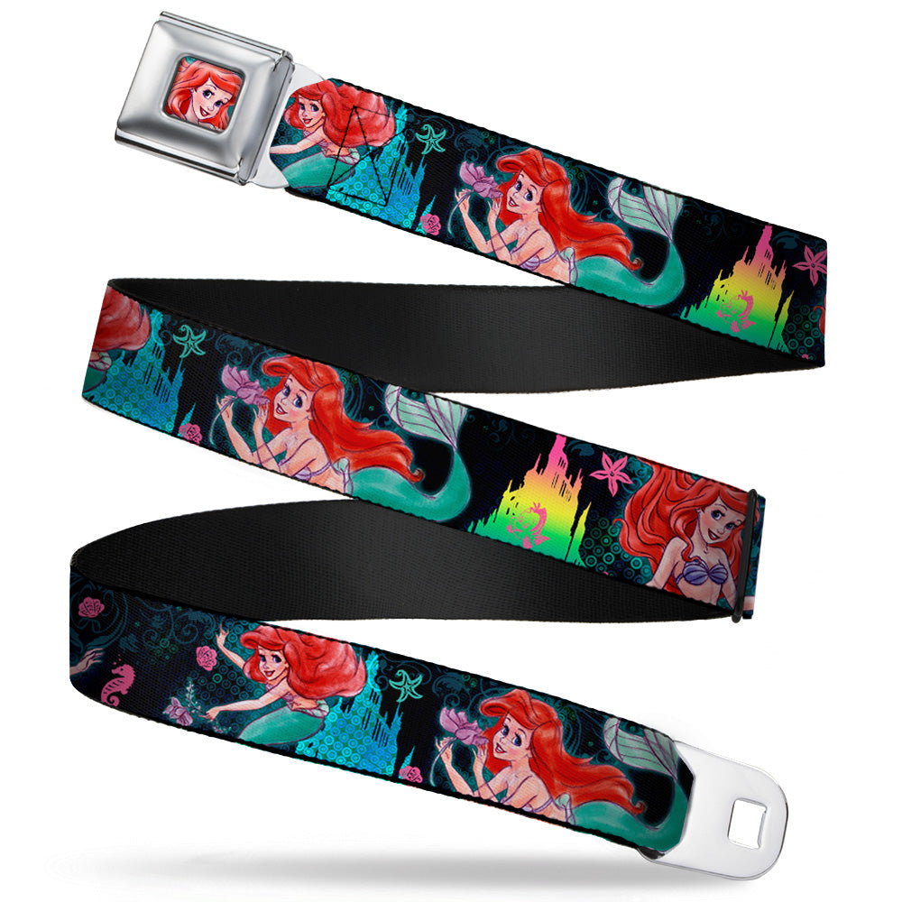 Ariel Face Full Color Turquoise Seatbelt Belt - Ariel Underwater Poses/Palace Silhouette Webbing