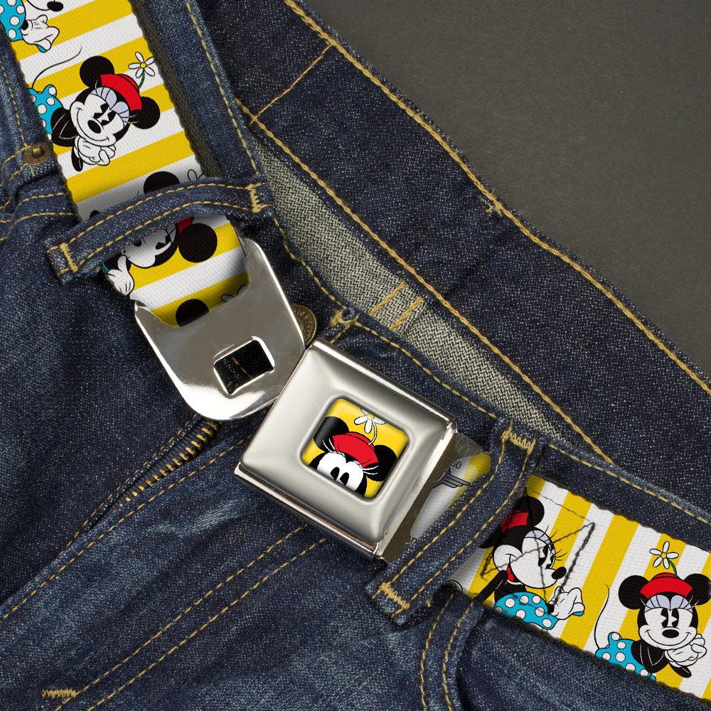 Minnie Mouse w Hat CLOSE-UP Full Color Yellow Seatbelt Belt - Minnie Mouse w/Hat Poses Stripe Yellow/White Webbing