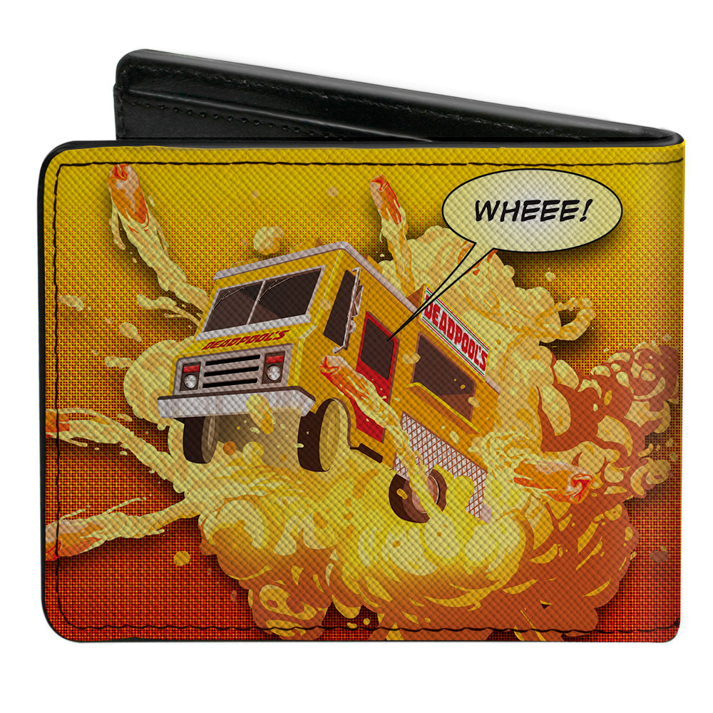 MARVEL DEADPOOL Bi-Fold Wallet - Deadpool DEADPOOL&#39;S CHIMICHANGAS Flaming Logo + Flaming Food Truck Reds Yellows