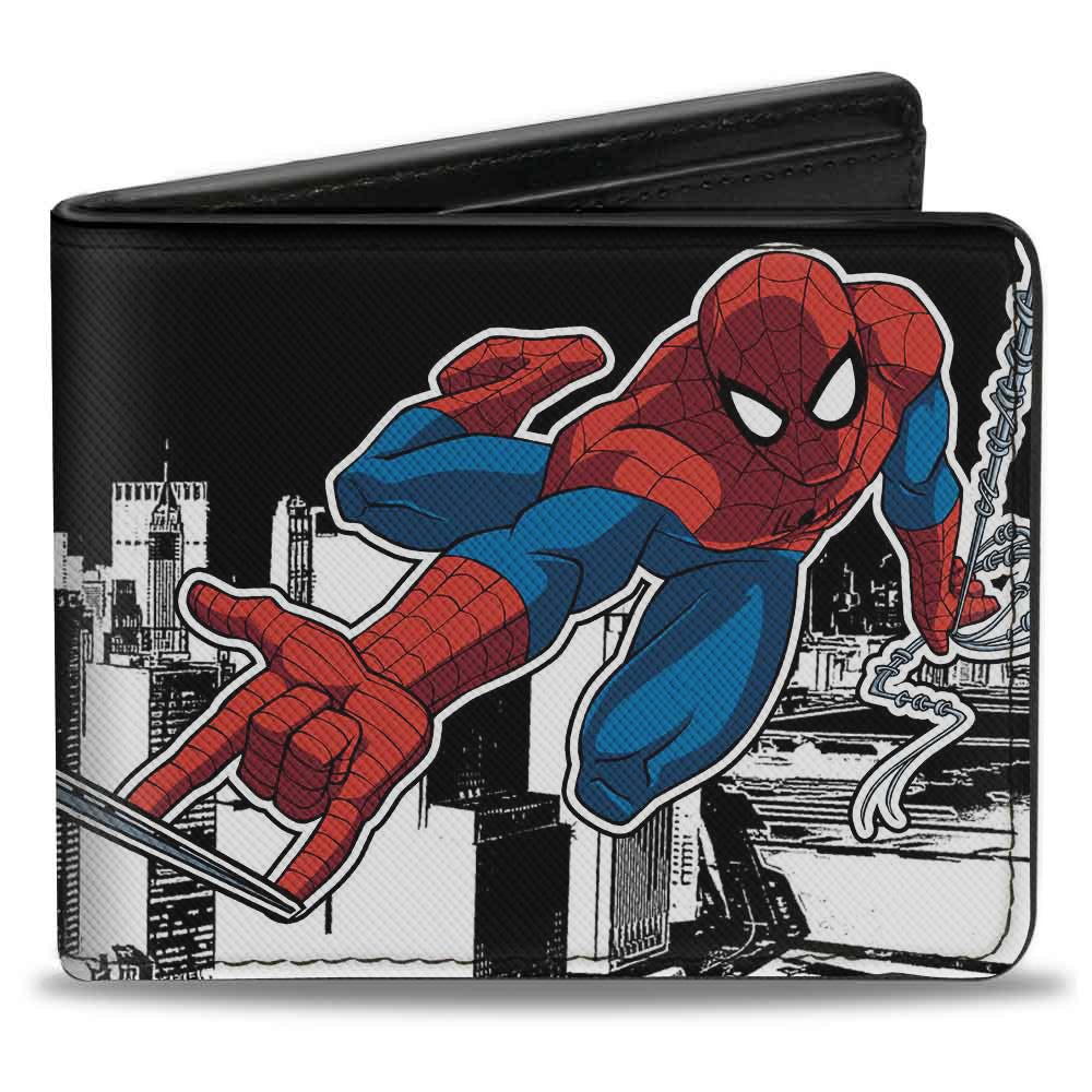 ULTIMATE SPIDER-MAN Bi-Fold Wallet - Spider-Man Swinging Pose2 Skyline Black White