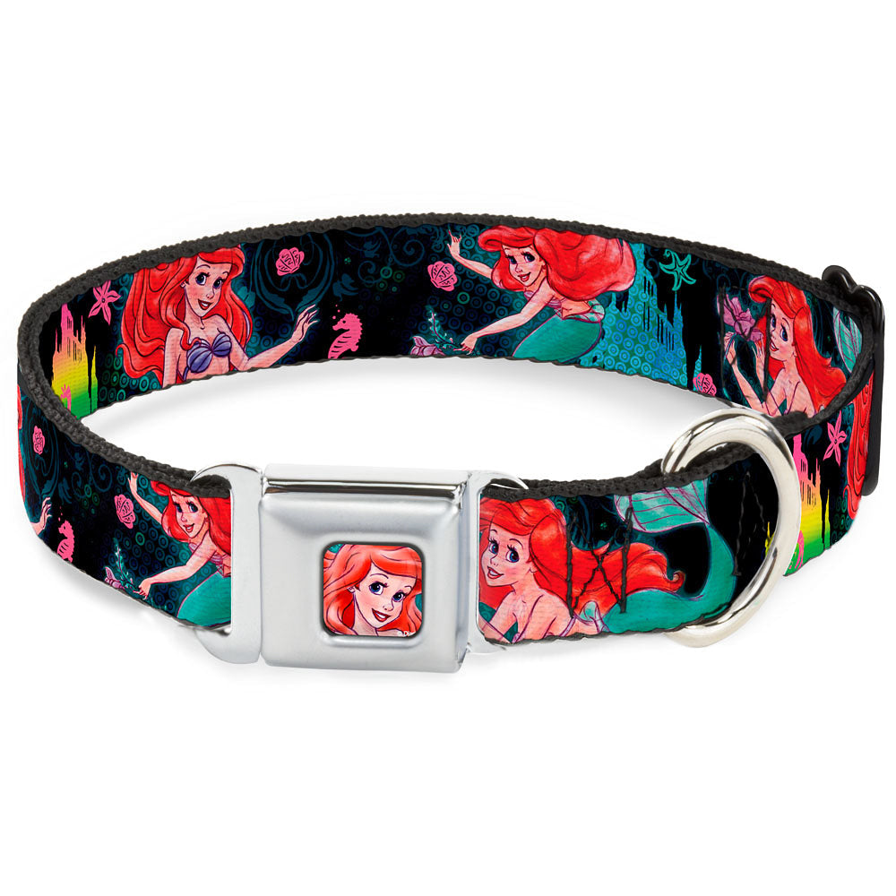 Ariel Face Full Color Turquoise Seatbelt Buckle Collar - Ariel Underwater Poses/Palace Silhouette
