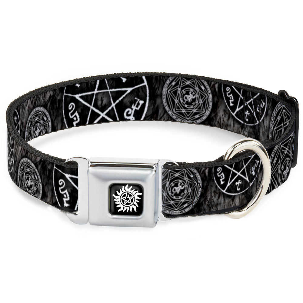 Winchester Logo Full Color Black/White Seatbelt Buckle Collar - Supernatural Devil&#39;s Trap Pentagrams Grays/Black/White