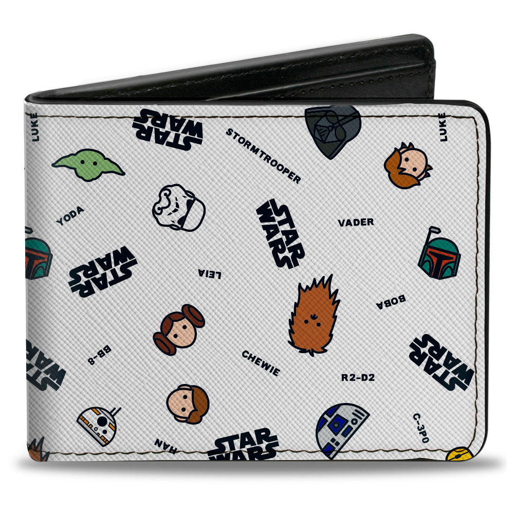 Bi-Fold Wallet - STAR WARS Character Faces and Names Scattered White Black