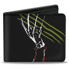 Bi-Fold Wallet - A Nightmare on Elm Street Freddy's Hand Scratching + Logo Black White Green Reds