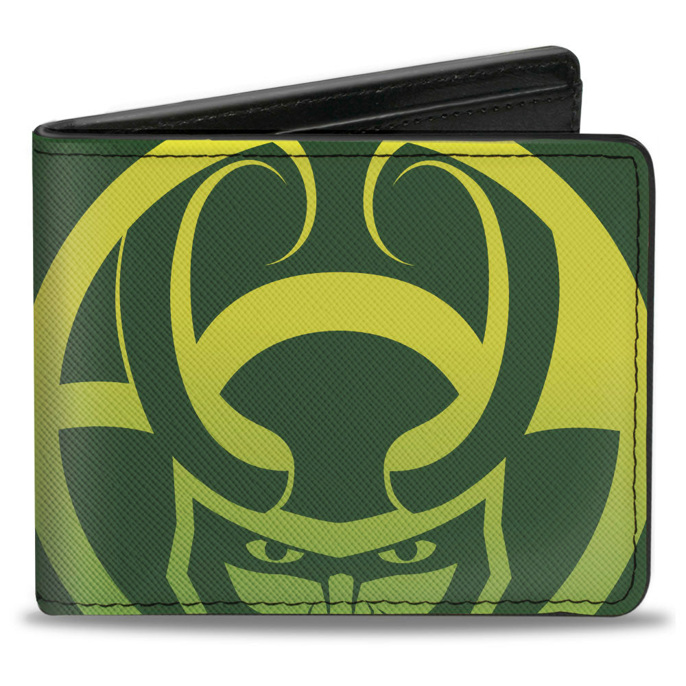 MARVEL AVENGERS Bi-Fold Wallet - Loki Face CLOSE-UP + Text Logo Greens Yellow
