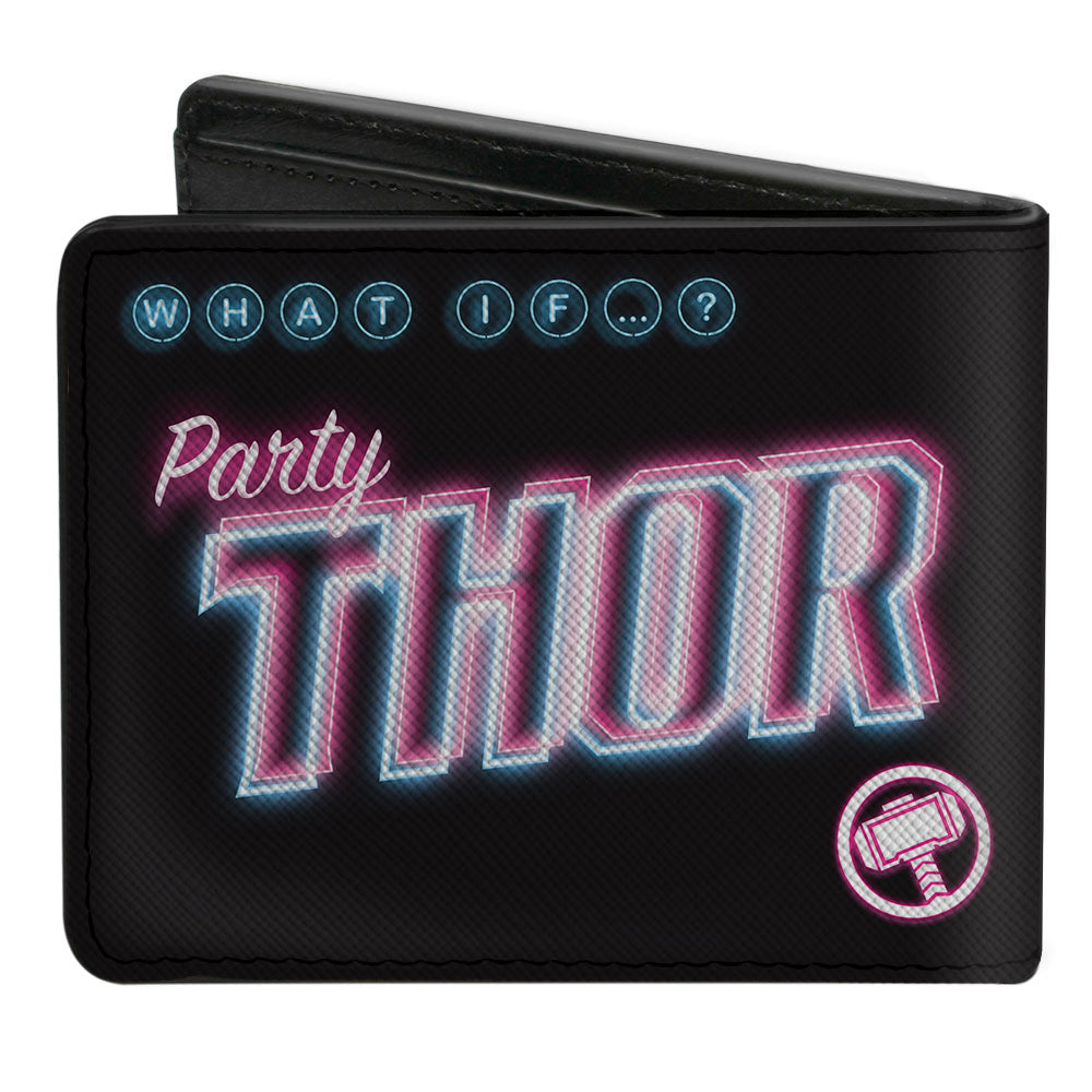 MARVEL STUDIOS WHAT IF? Bi-Fold Wallet - Marvel Studios WHAT IF ? PARTY THOR 80&#39;s Neon Hammer Pose + Hammer Icon Black Multi Color