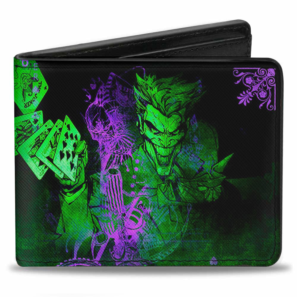 Bi-Fold Wallet - THE JOKER Card Flipping Poses Black Greens Purples