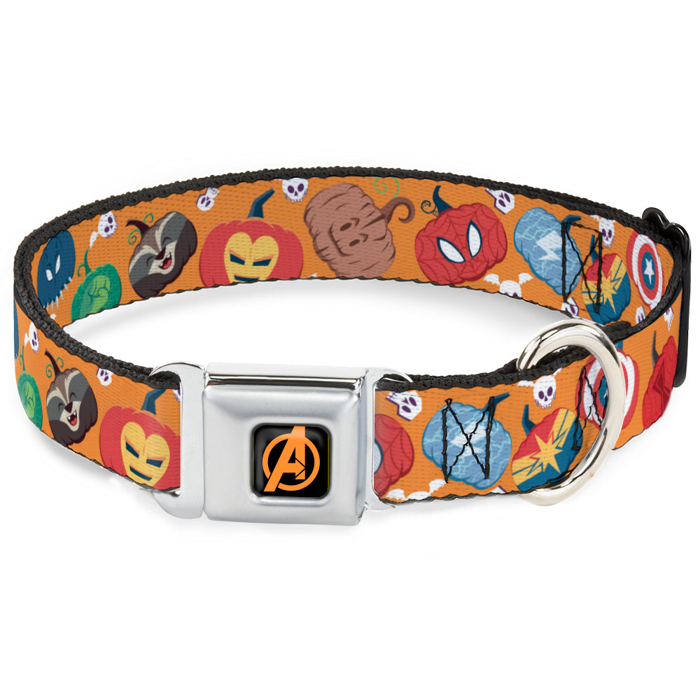 Avengers A Logo Full Color Black/Orange Seatbelt Buckle Collar - Marvel 9-Avengers Halloween Jack-O-Lantern Pumpkin Icons Scattered Orange