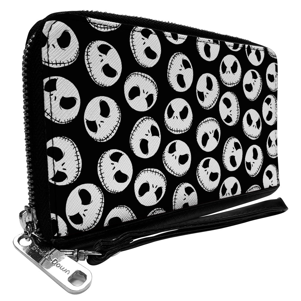 Women&#39;s PU Zip Around Wallet Rectangle - The Nightmare Before Christmas Jack Expression9 Scattered Black White