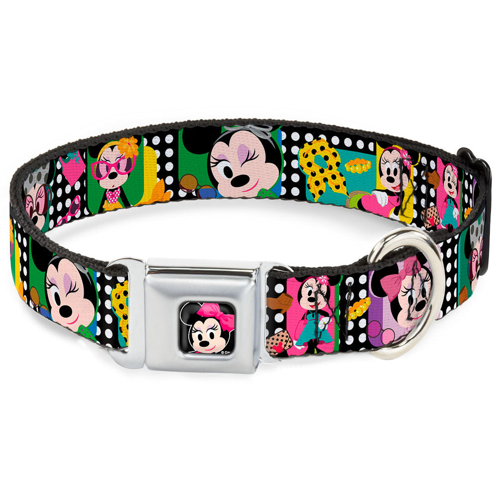 Mini Minnie Mouse Face CLOSE-UP Full Color Black Seatbelt Buckle Collar - Mini Minnie Fashion Poses/Polka Dot Black/White/Multi Color