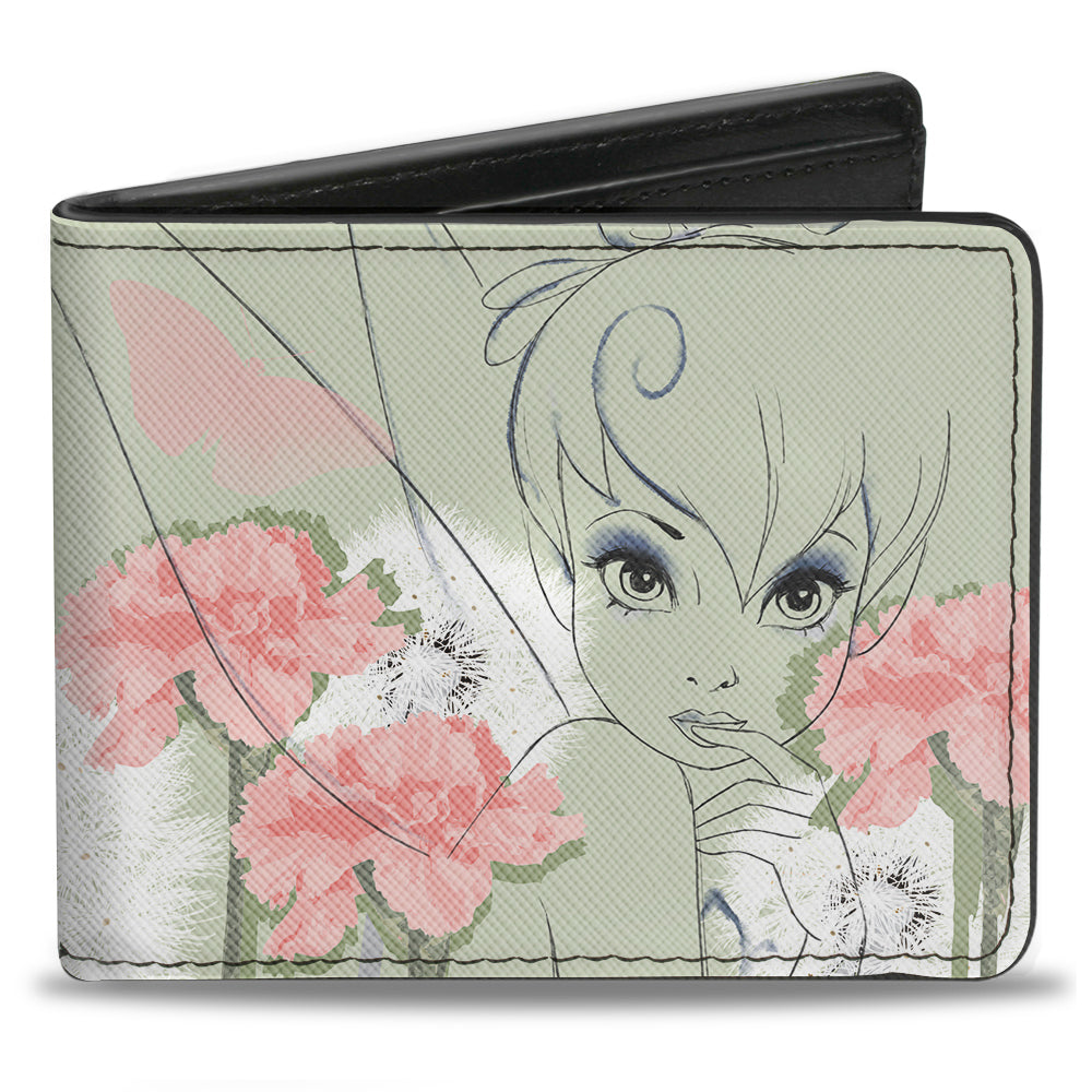Bi-Fold Wallet - Tinker Bell Sketch Carnations Dandelions Sage Greens Pinks White