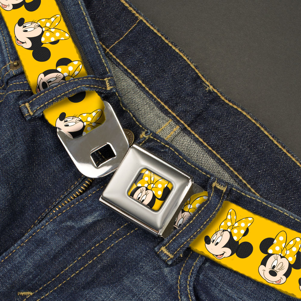 Minnie Mouse w/Bow CLOSE-UP Full Color Yellow/White Seatbelt Belt - Minnie Mouse Yellow Bow Expressions Yellow Webbing