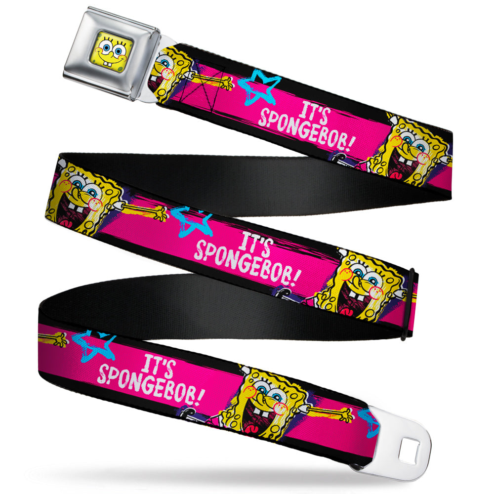 Sponge Bob Face CLOSE-UP Full Color Seatbelt Belt - SpongeBob Pose IT'S SPONGEBOB! Stripe Black/Pink/Blue/White Webbing