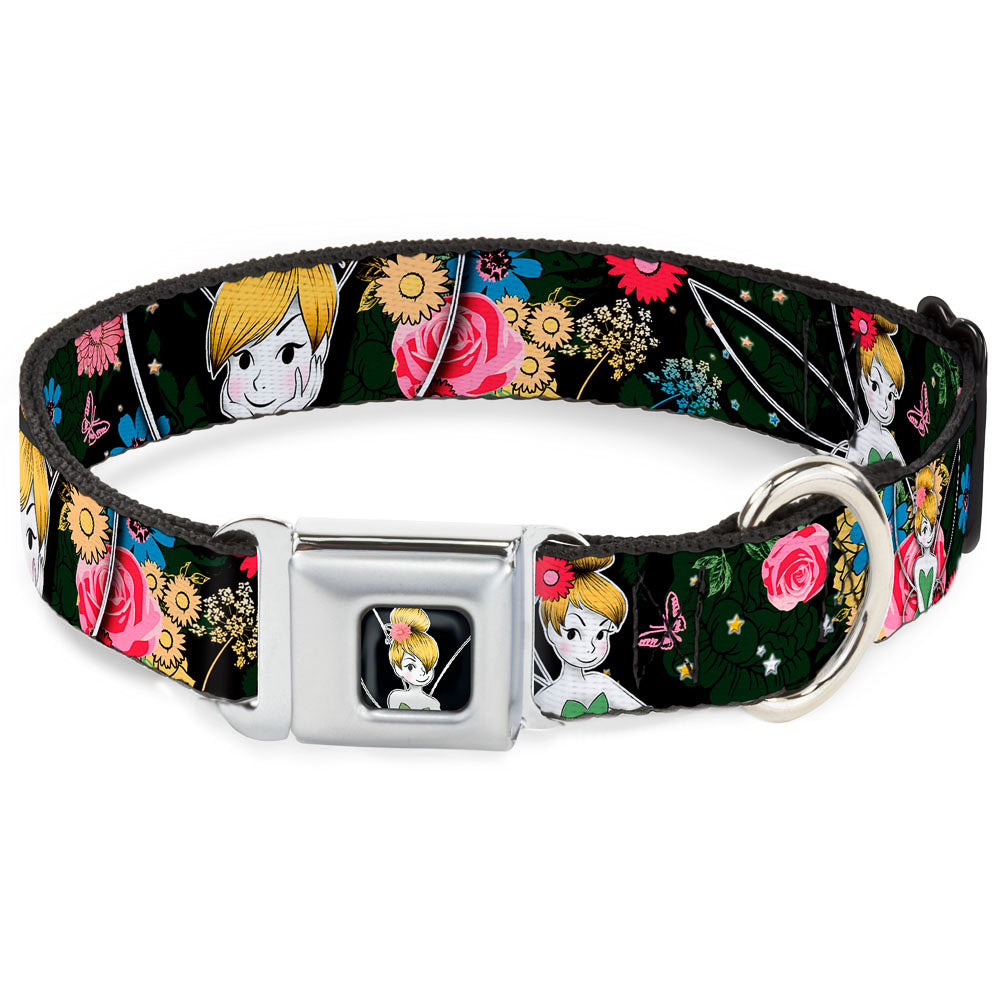 Tinker Bell Sketch Full Color Seatbelt Buckle Collar - Tinker Bell Poses/Sleeping Floral Collage