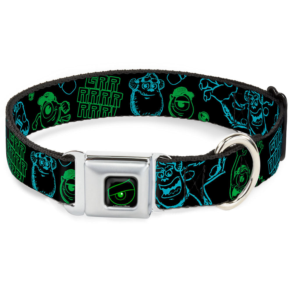 Monsters Eye Full Color Black/Neon Green Seatbelt Buckle Collar - Monsters Inc. Sully &amp; Mike Poses/GRRRRR! Black/Turquoise/Green