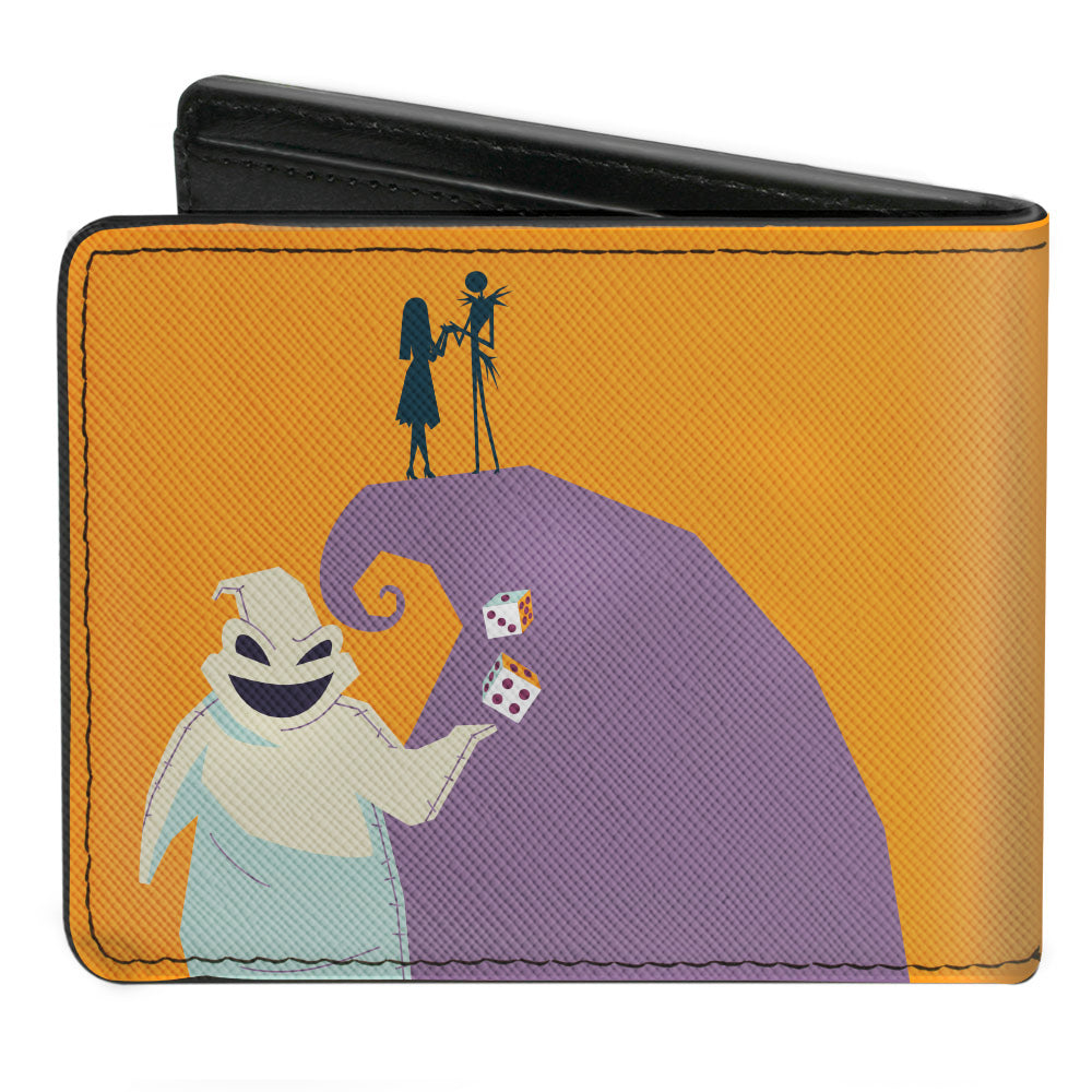 Bi-Fold Wallet - Nightmare Before Christmas Stylized Jack Cemetery Pose + Jack and Sally Spiral Hill Scene Ooogie Boogie Dice Pose Orange