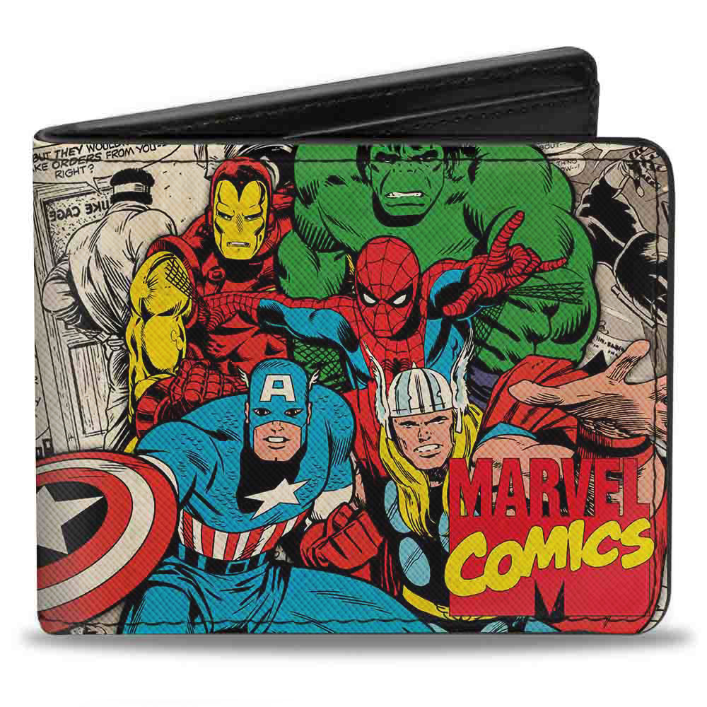 MARVEL COMICS Bi-Fold Wallet - 5-Retro Avengers Group Pose MARVEL COMICS Logo Stacked Comic Scenes