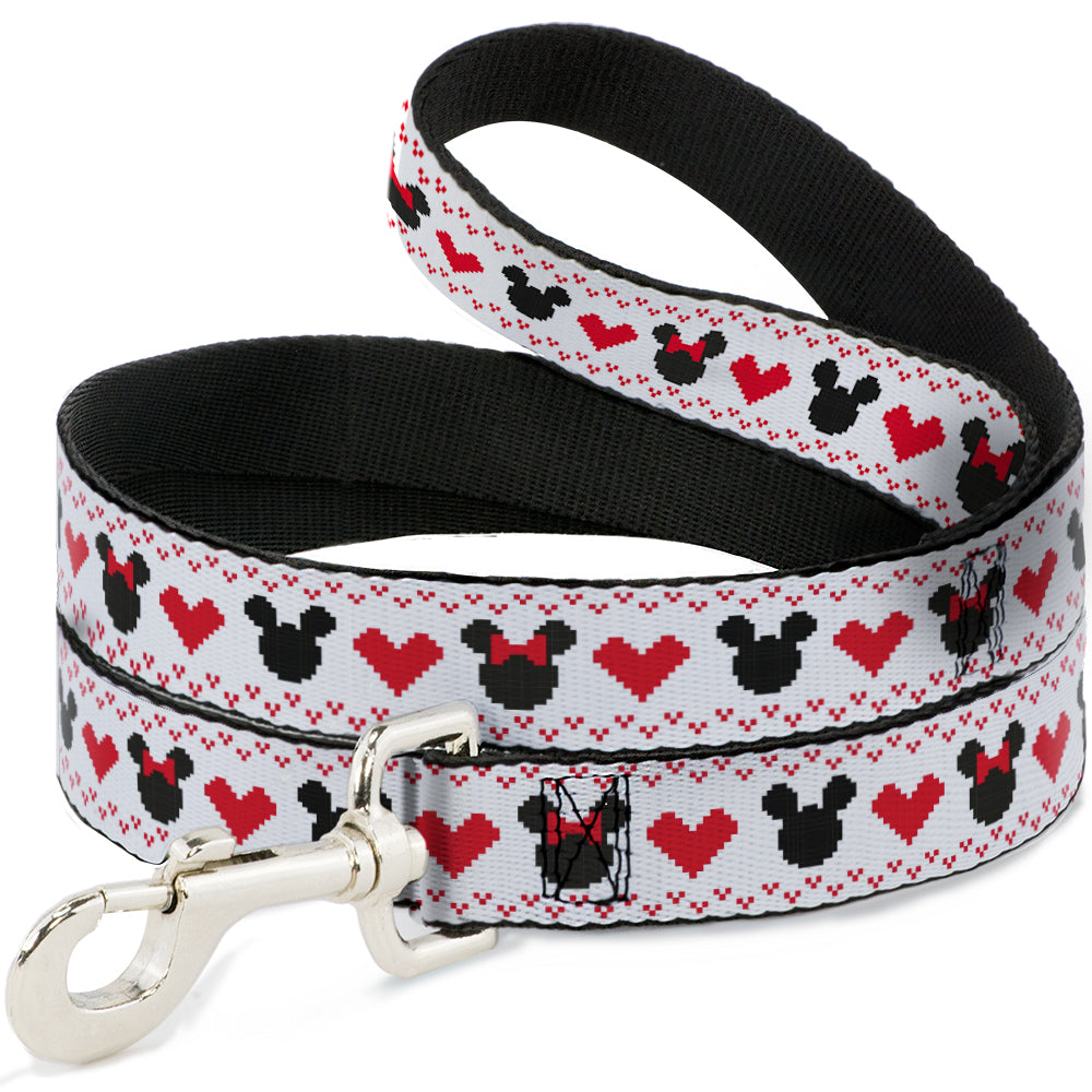 Dog Leash - Disney Holiday Mickey and Minnie Mouse Heart Sweater Stitch White/Red/Black