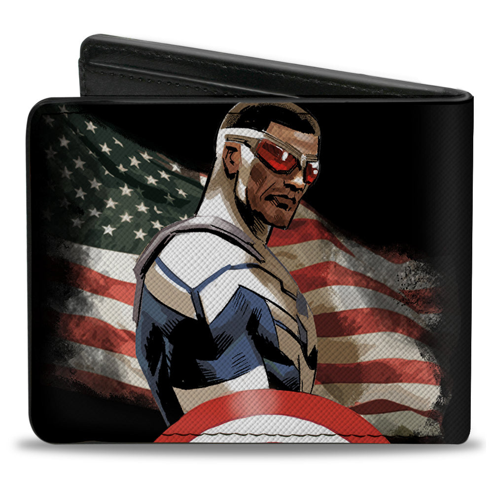 MARVEL AVENGERS Bi-Fold Wallet - Captain America Sam Wilson American Flag Pose Black