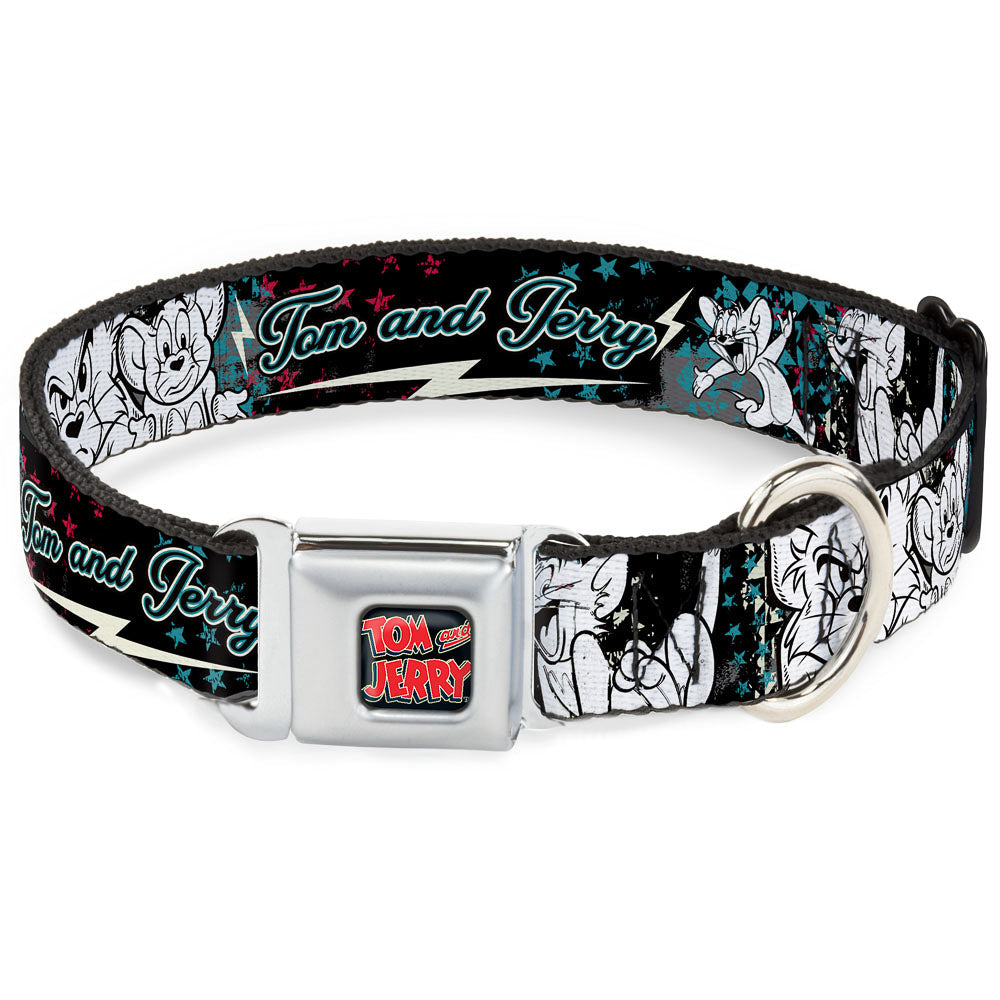 Tom and Jerry Logo Full Color Black Red Seatbelt Buckle Collar - TOM &amp; JERRY Face &amp; Pose Sketch Black/White/Red/Blue