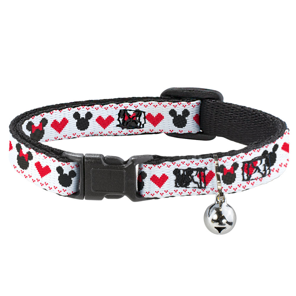 Cat Collar Breakaway with Bell - Disney Holiday Mickey and Minnie Mouse Heart Sweater Stitch White Red Black