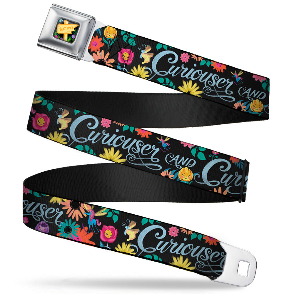 Alice in Wonderland THIS WAY Sign Flowers Full Color Seatbelt Belt - CURIOUSER AND CURIOUSER/Flowers of Wonderland Collage Webbing