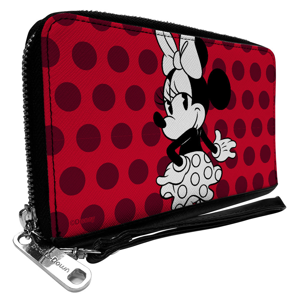 Women&#39;s PU Zip Around Wallet Rectangle - Vintage Minnie Mouse Over the Shoulder Pose Dots Reds Black White