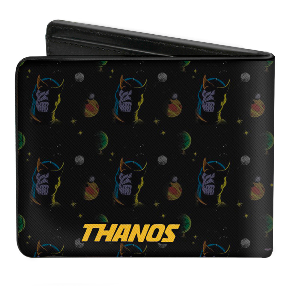 MARVEL COMICS Bi-Fold Wallet - Thanos Holding Cosmic Cube Pose + Text Logo Face Planets Black Multi Color Yellow