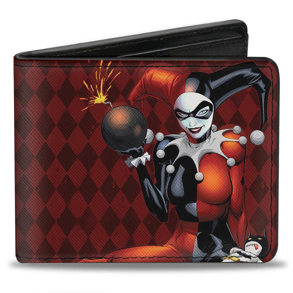 Bi-Fold Wallet - HARLEY QUINN w Batman Voodoo Doll Holding Bomb + Hand Stand Diamonds Reds White