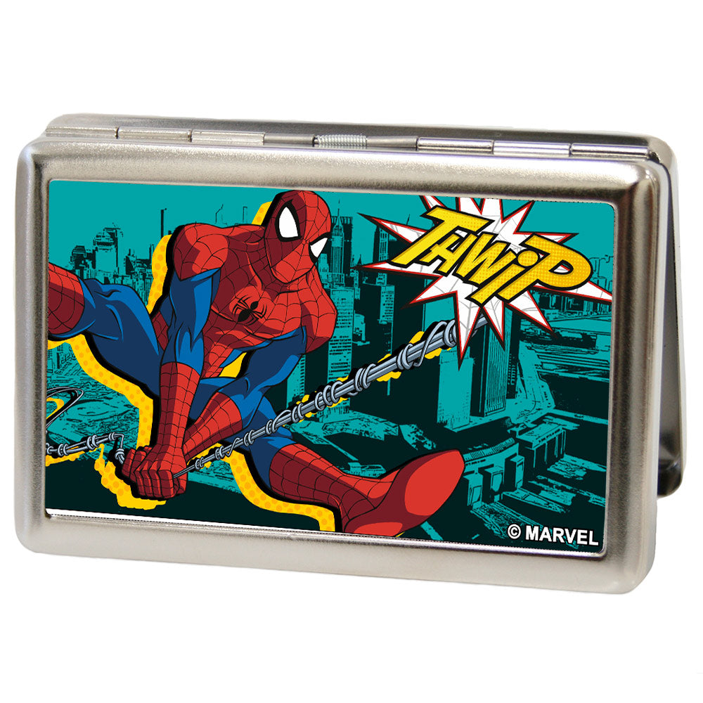 ULTIMATE SPIDER-MAN Business Card Holder - LARGE - Spider-Man Swinging THWIP Pose Skyline FCG Turquoise Black Yellows