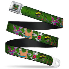 AAAHH!!! REAL MONSTERS Logo Full Color Green Seatbelt Belt - AAAHH!!! REAL MONSTERS Ickis/Krumm/Oblina Pose Green Webbing