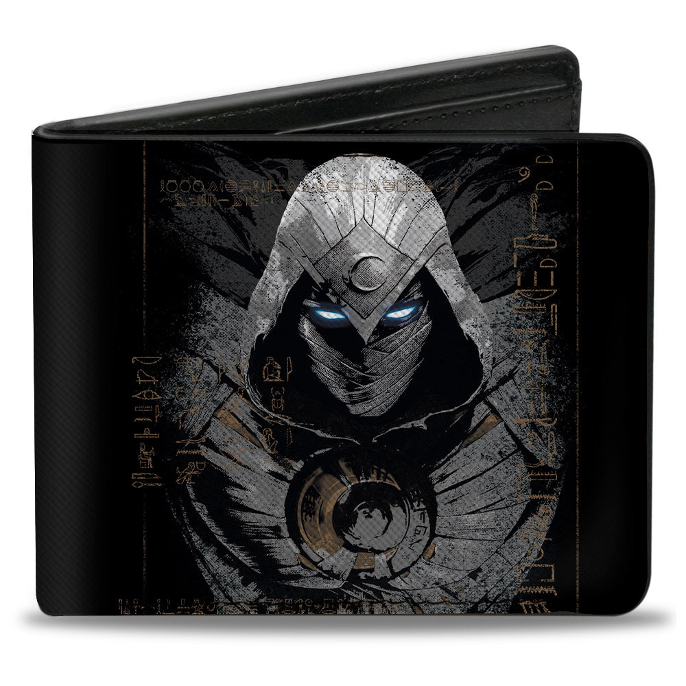 MARVEL STUDIOS MOON KNIGHT Bi-Fold Wallet - Moon Knight Hieroglyphics Pose + Logo Black Grays Tans