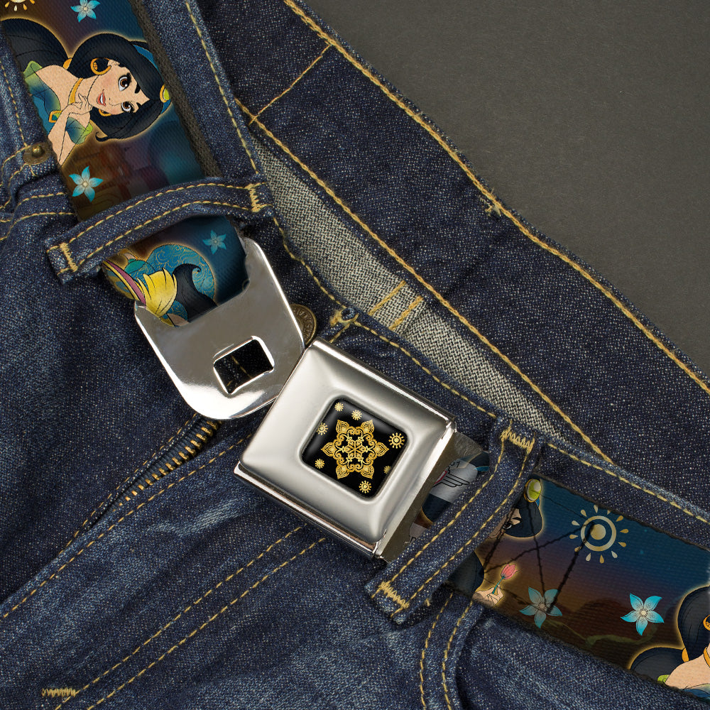 Aladdin Flower Motif Full Color Black Gold Seatbelt Belt - Jasmine &amp; Aladdin Carpet Ride/Jasmine Poses/Flowers Webbing