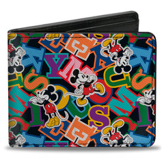 Bi-Fold Wallet - Mickey Mouse Poses and Letters Collage Black Multi Color
