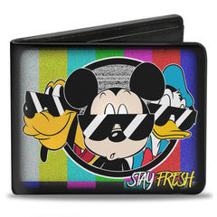 Bi-Fold Wallet - Pluto Mickey Mouse Donald Duck STAY FRESH Group Pose Multi Color Television Bars