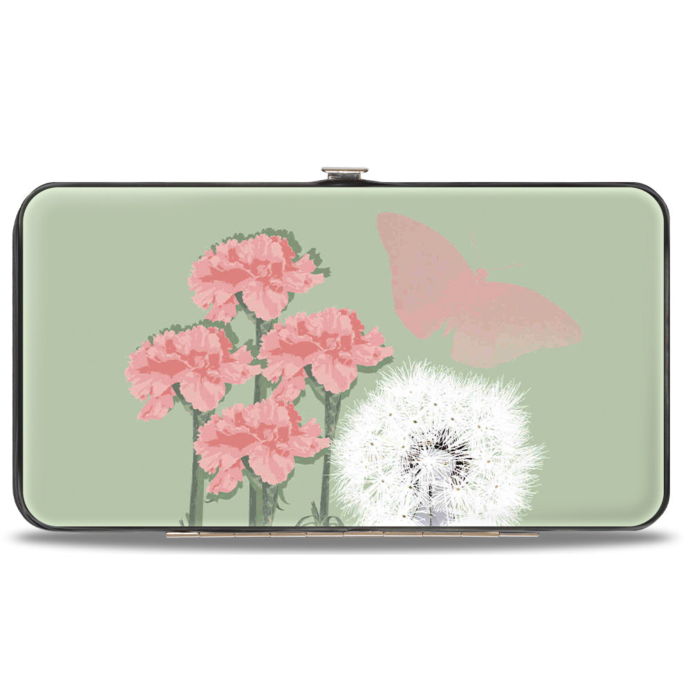 Hinged Wallet - Tinker Bell Sketch Carnations Dandelions Sage Greens Pinks White