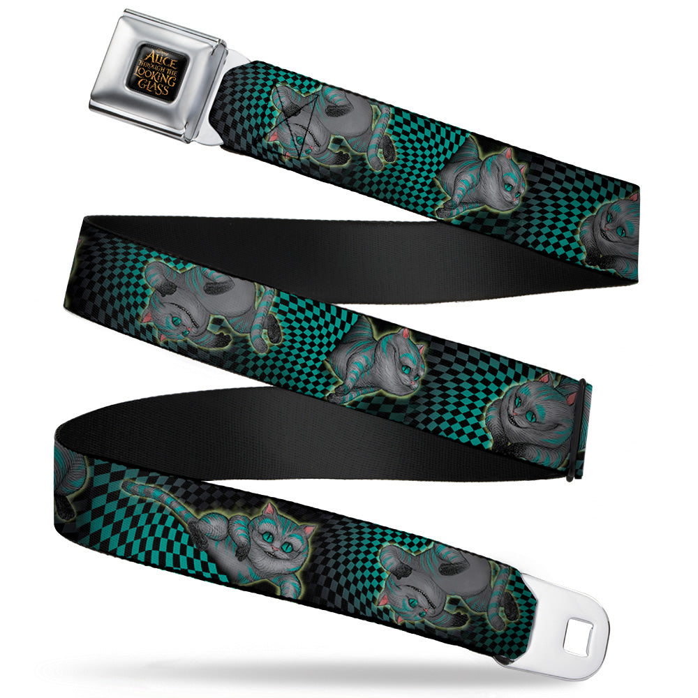 ALICE THROUGH THE LOOKING GLASS Logo Full Color Black Gold Seatbelt Belt - Cheshire Cat 4-Poses Checkers Teal/Black Webbing