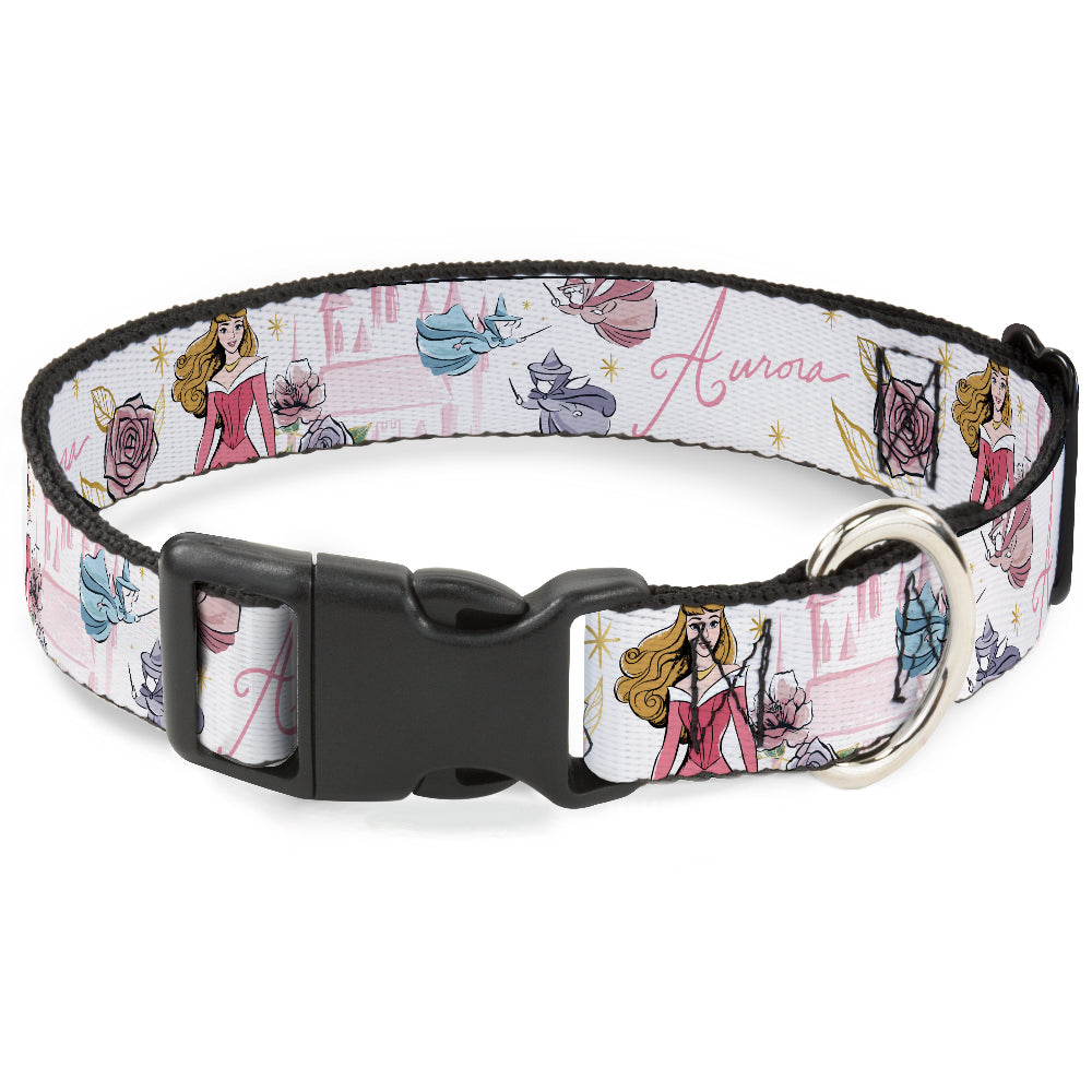 Plastic Clip Collar - Sleeping Beauty Aurora Castle and Fairy Godmothers Pose with Script and Flowers White/Pinks