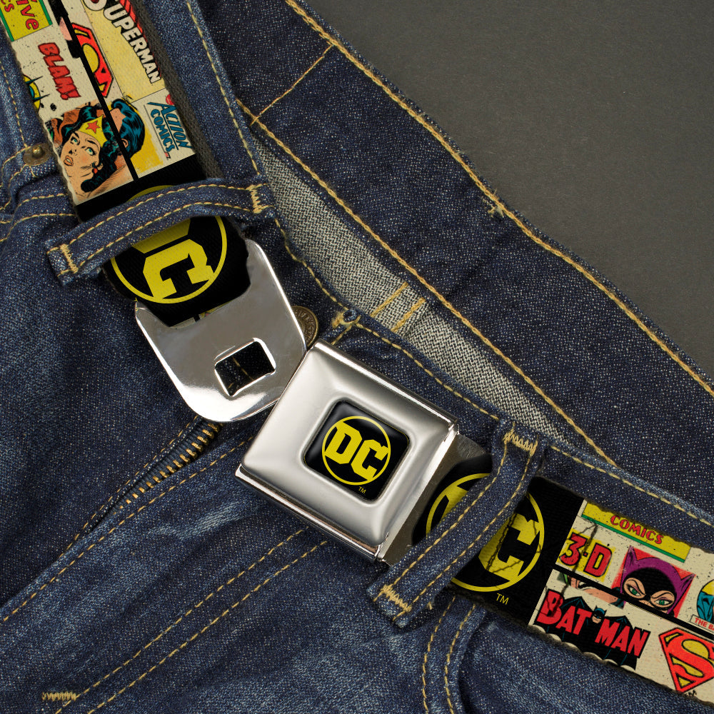 Vintage DC Comics Logo Full Color Black/Yellow Seatbelt Belt - Vintage DC Comics Superhero and Logos Collage Black Webbing