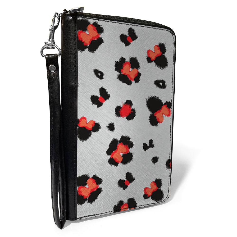 Women&#39;s PU Zip Around Wallet Rectangle - Minnie Mouse Leopard Print Icon Gray Black Red