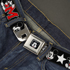 Mickey Mouse Face Full Color Black Seatbelt Belt - Classic Mickey Mouse 1928 Collage Black/White/Red Webbing