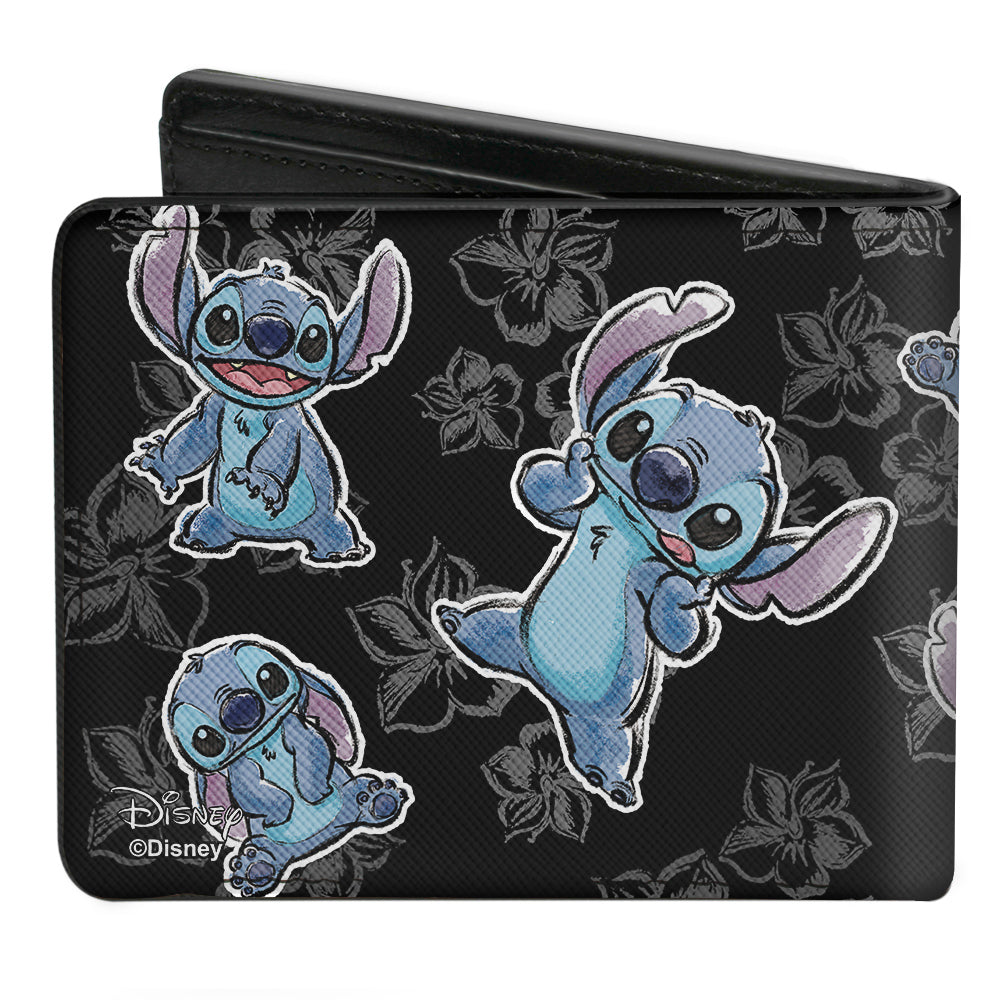 Bi-Fold Wallet - Stitch 3-Poses Hibiscus Sketch Black Grays