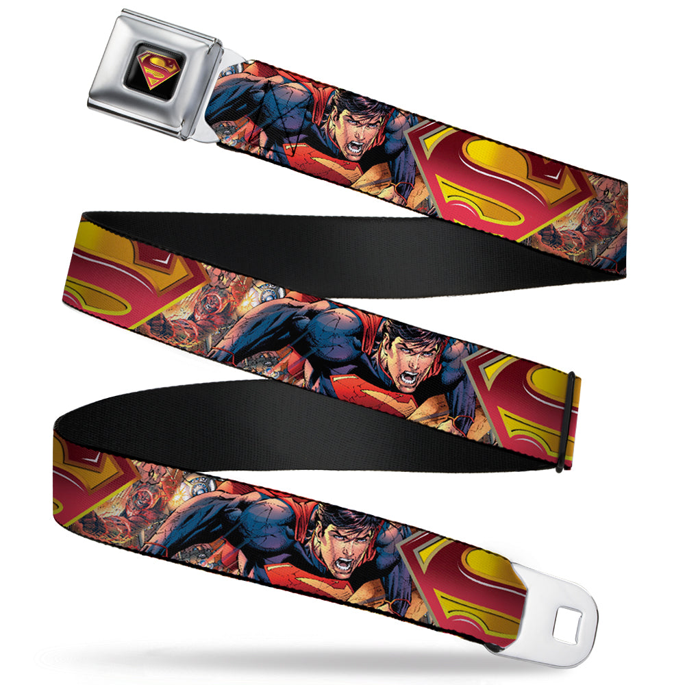 Superman Shield Full Color Black Golds Reds White Seatbelt Belt - Superman Unchained Explosion Action Pose/Wraith/Shield Golds/Reds Webbing