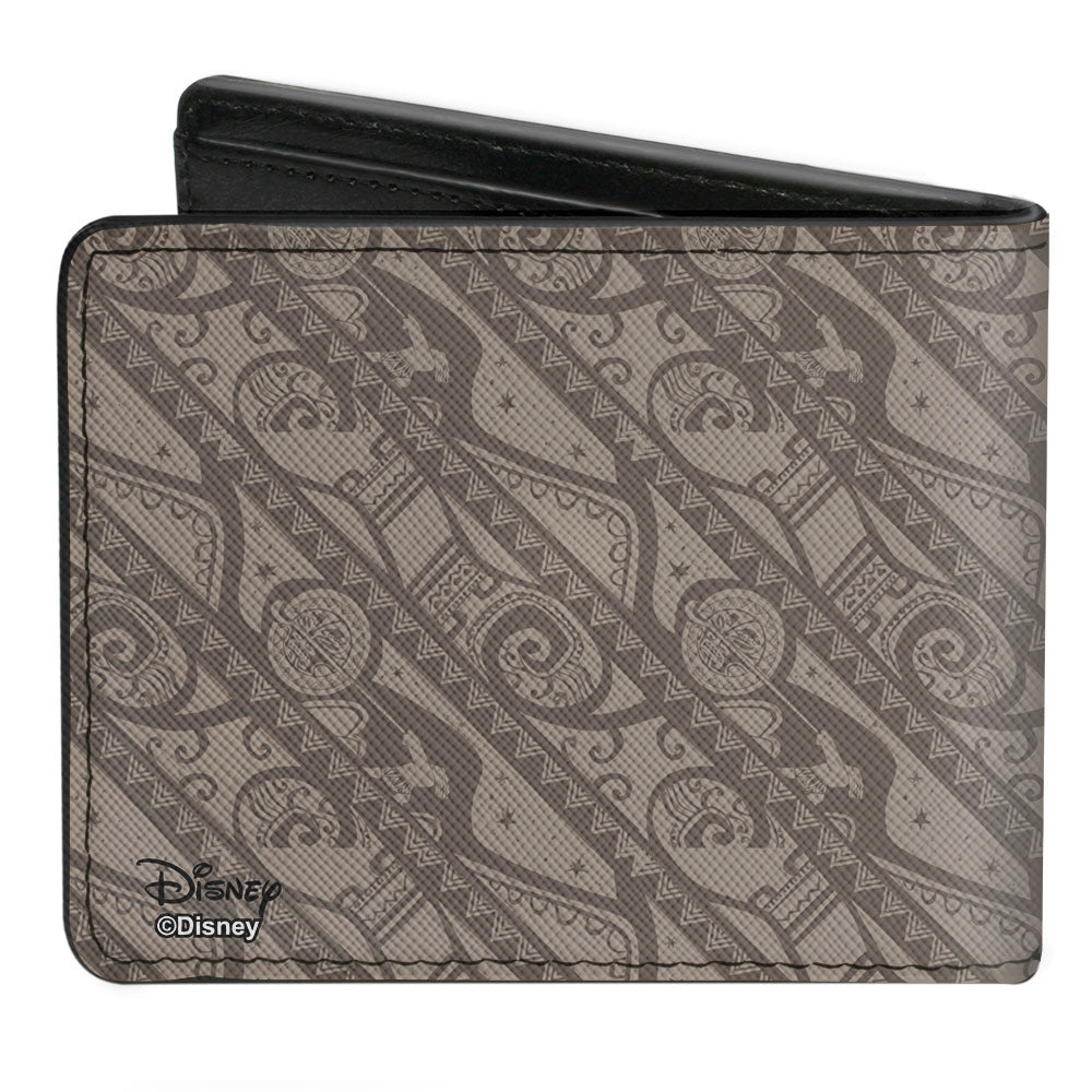 Bi-Fold Wallet - Moana Maui Pose Tribal Stripe Collage Tans Grays