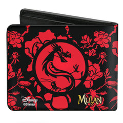 Bi-Fold Wallet - Mulan Flower Blossoms + Mushu Cri-kee Icon Black Red Gold